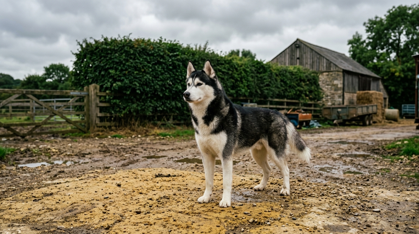 Ein Husky steht aufmerksam auf einem lehmigen Hofplatz vor einer dunklen Hecke, dahinter eine Scheune.